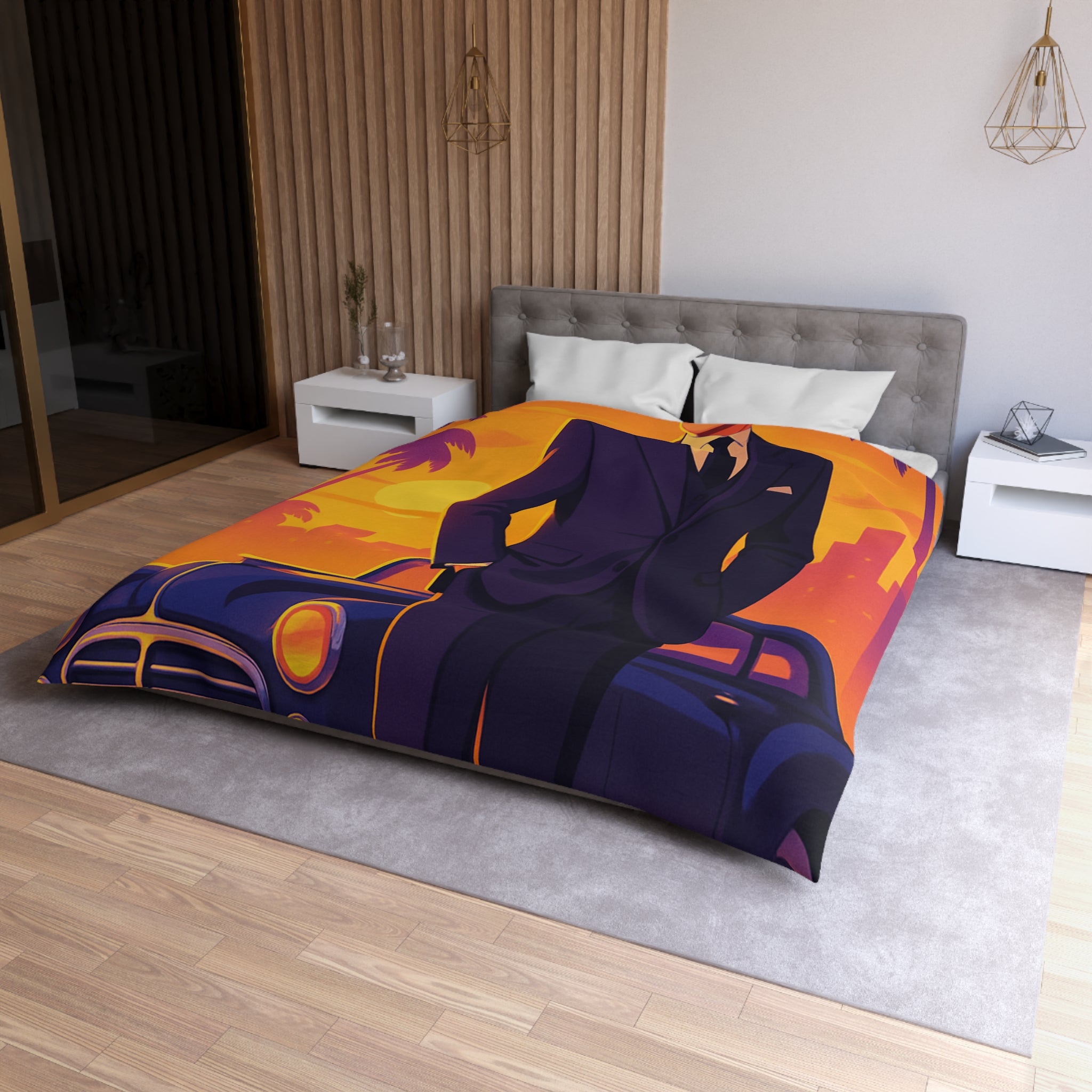 Housse de couette vintage avec homme élégant devant voiture classique au coucher du soleil