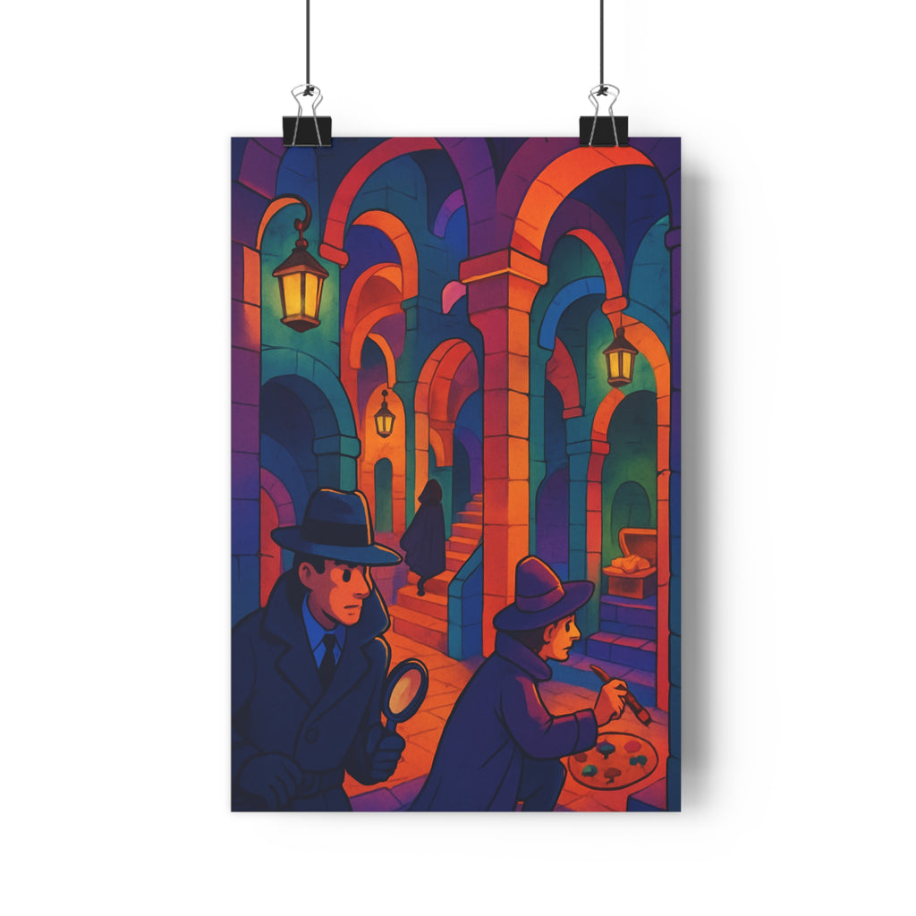 Poster décoratif mystère souterrain bleu violet orange enquête détectives art captivant ambiance salon bureau
