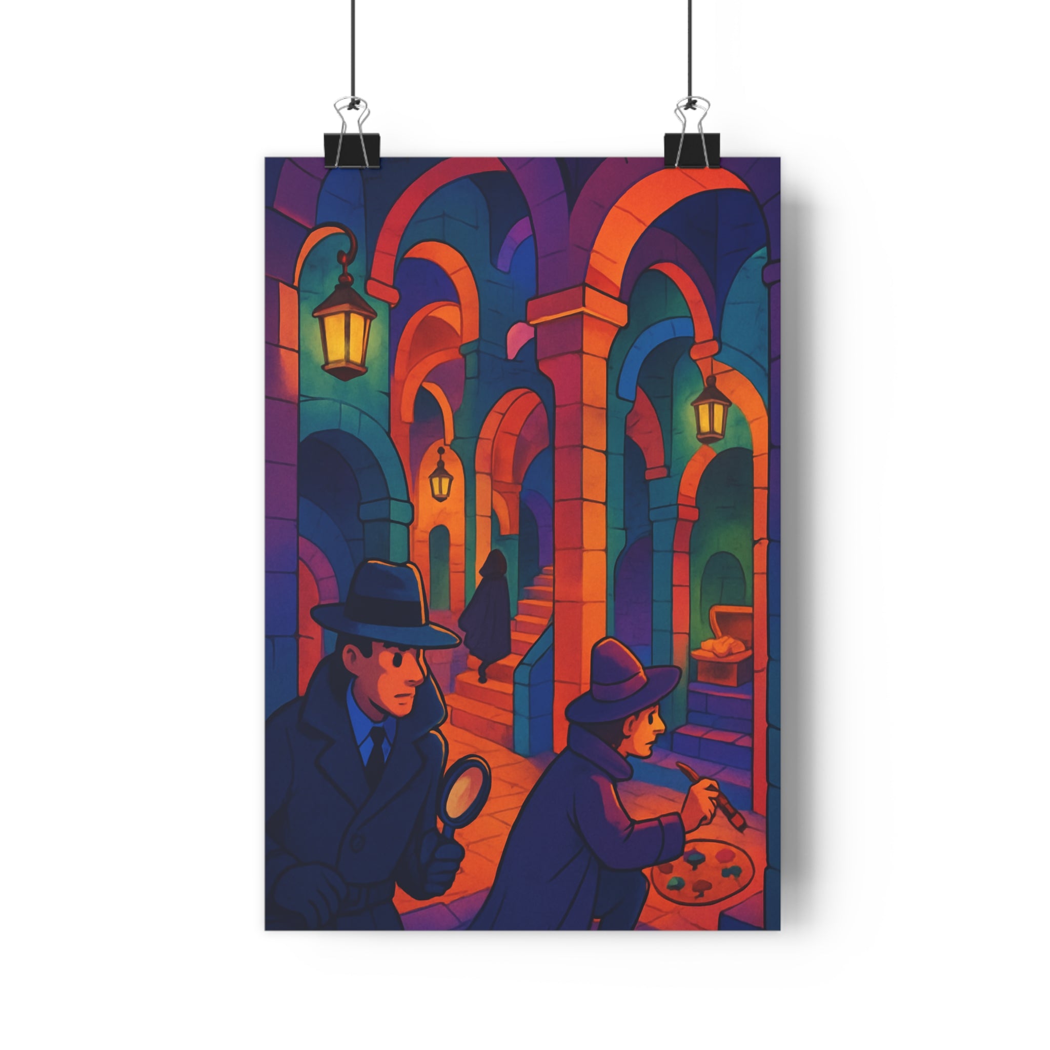 Poster décoratif mystère souterrain bleu violet orange enquête détectives art captivant ambiance salon bureau
