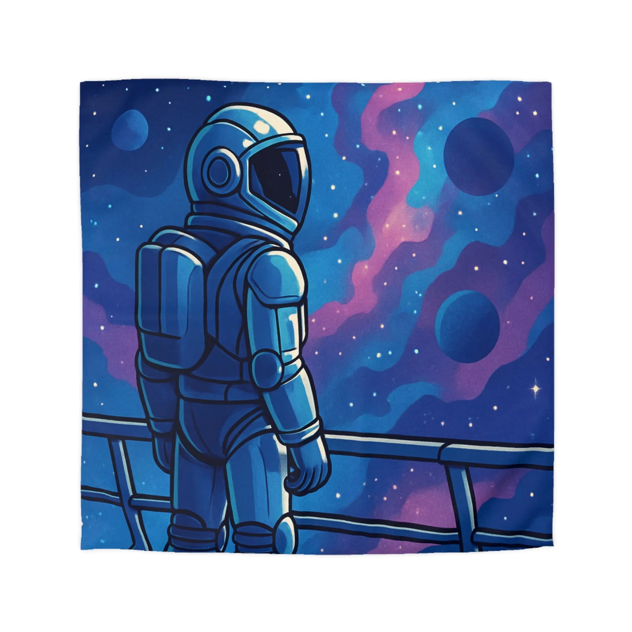 Housse de couette design astronaute contemplant galaxies et planètes dans l'espace infini
