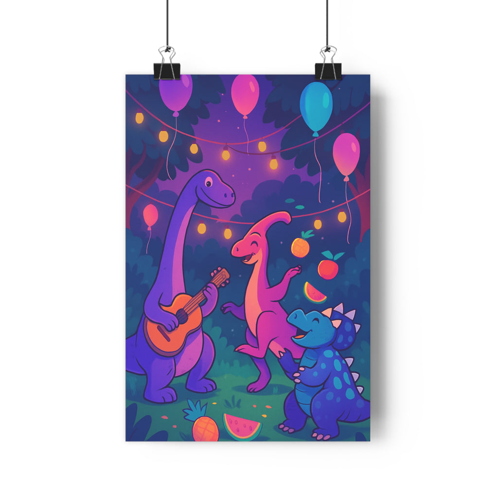 Poster décoratif cartoon joyeux dinosaures colorés chambre enfant festif lumineux gaieté ambiance heureuse amusante