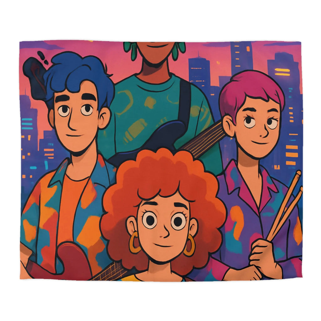 Housse de couette colorée avec groupe de musiciens devant un paysage urbain nocturne