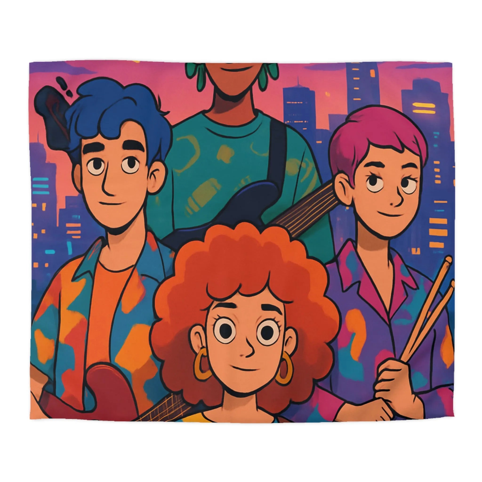 Housse de couette colorée avec groupe de musiciens devant un paysage urbain nocturne