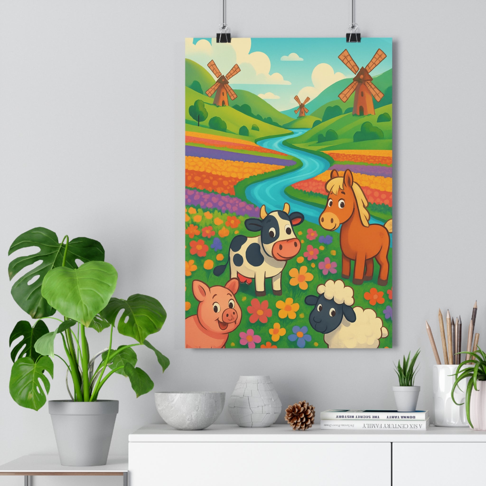Poster décoratif coloré joyeux cartoon chambre enfant nature animaux fleurs vibrant unique paysage qualité