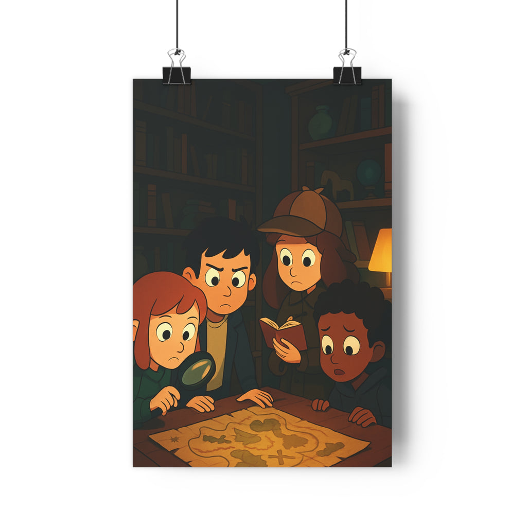 Poster décoratif dessin animé enfants aventure mystérieuse chambre ambiance intrigante captivante immersion couleur chaude