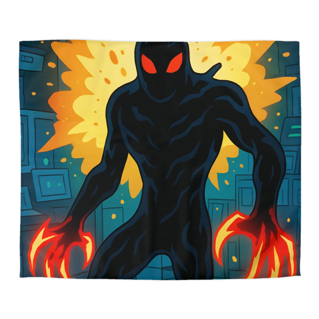 Housse de couette sombre avec créature enflammée aux griffes lumineuses