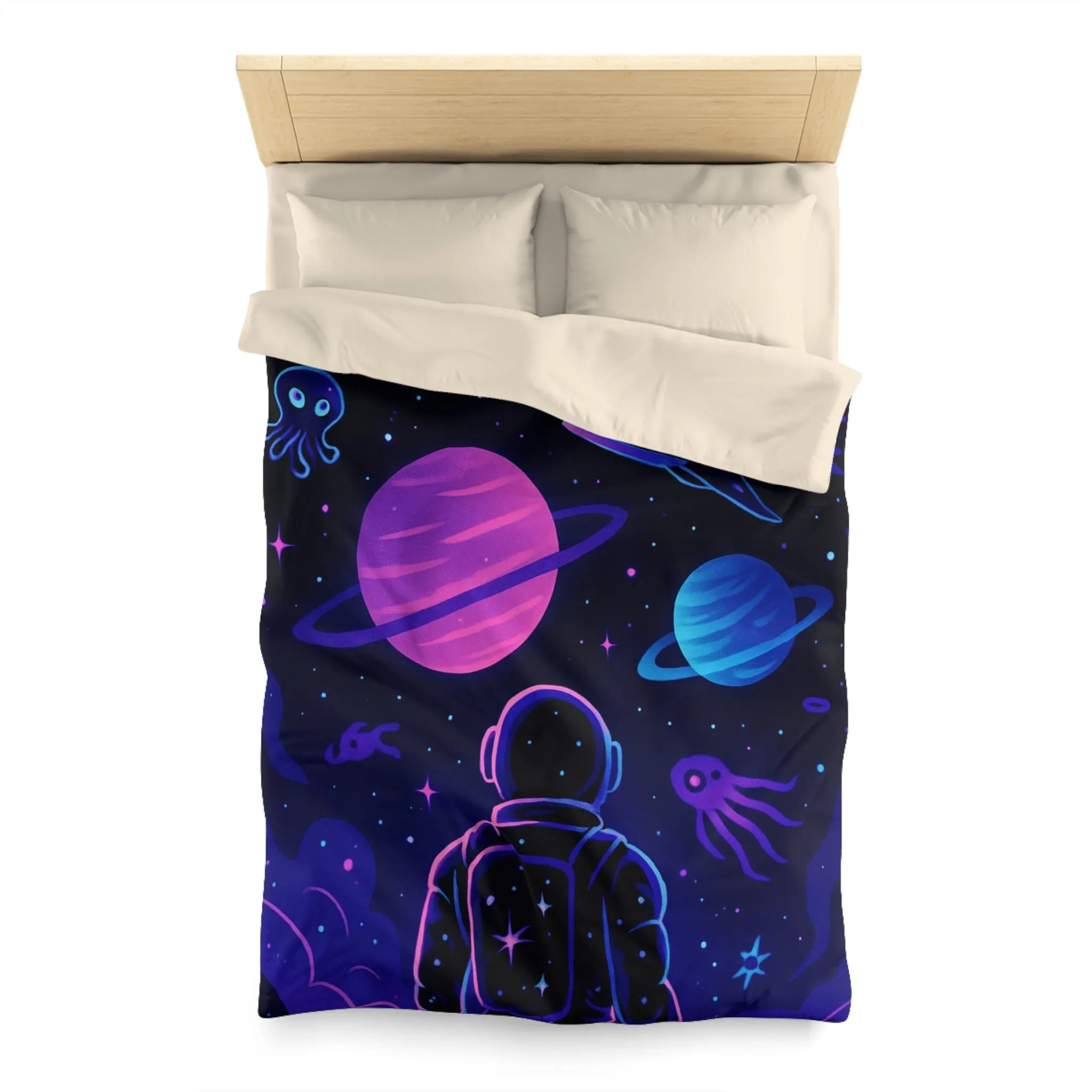 Housse de couette cosmique colorée avec astronaute, planètes et motifs galactiques rêveurs