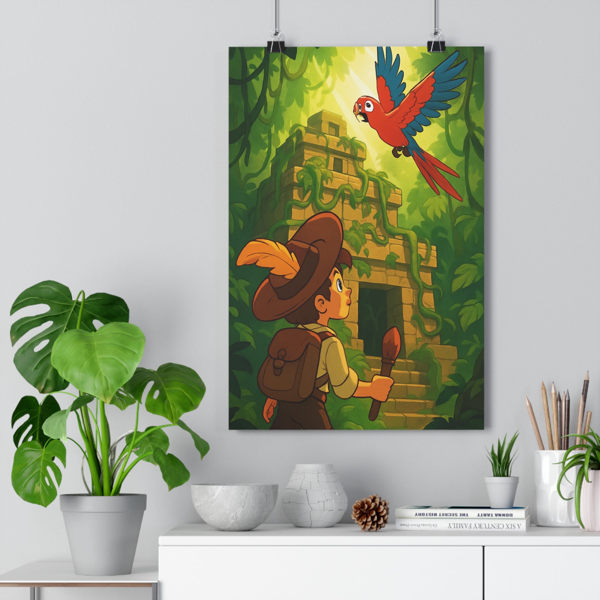 Poster décoratif aventure cartoon exotique vert rouge mystique enfant chambre explorateur jungle perroquet plume