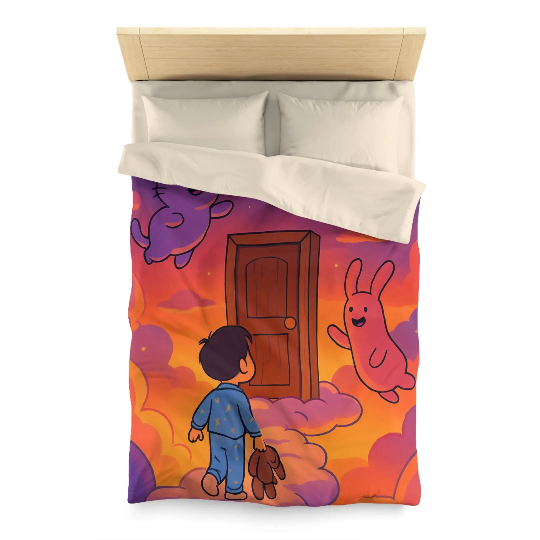 Housse de couette enfants : rêves colorés avec nuages et créatures magiques amusantes