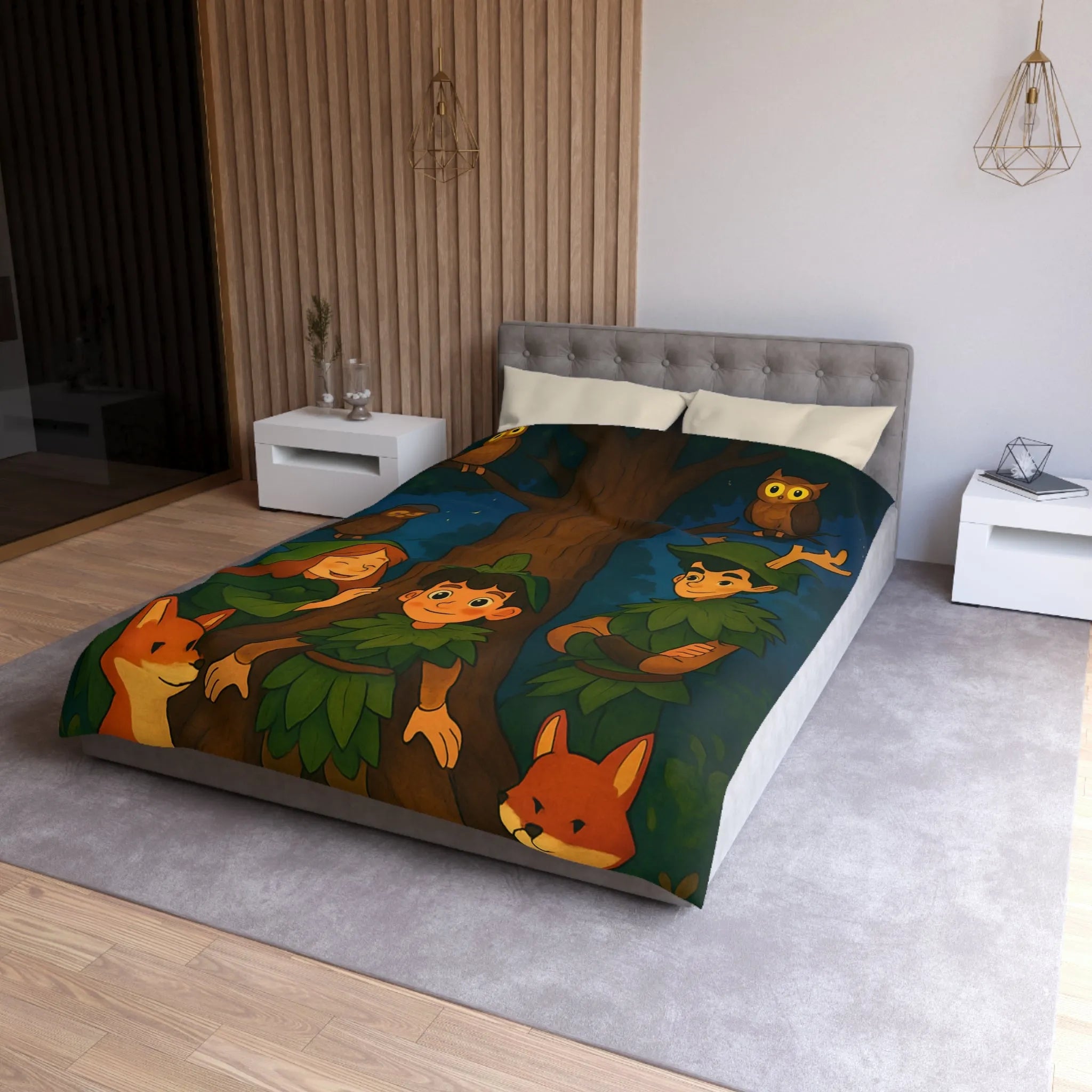 Housse de Couette Forêt Enchantée avec Animaux, Arbre et Enfants en Tenues Végétales