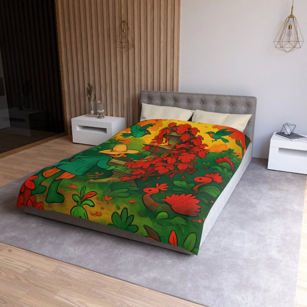 Housse de couette jardin enchanté avec fontaine et fleurs rouges pour chambre colorée