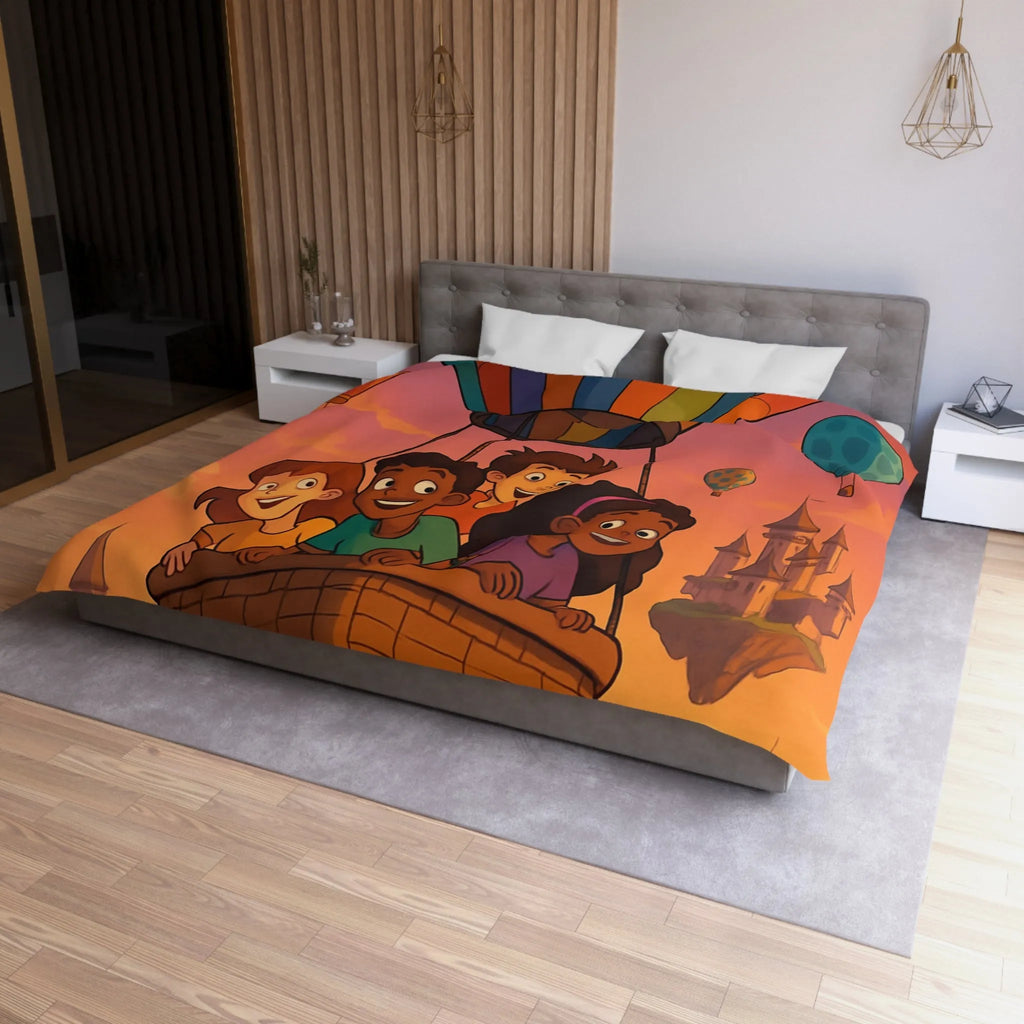 Housse de couette colorée avec enfants dans montgolfière et château en arrière-plan