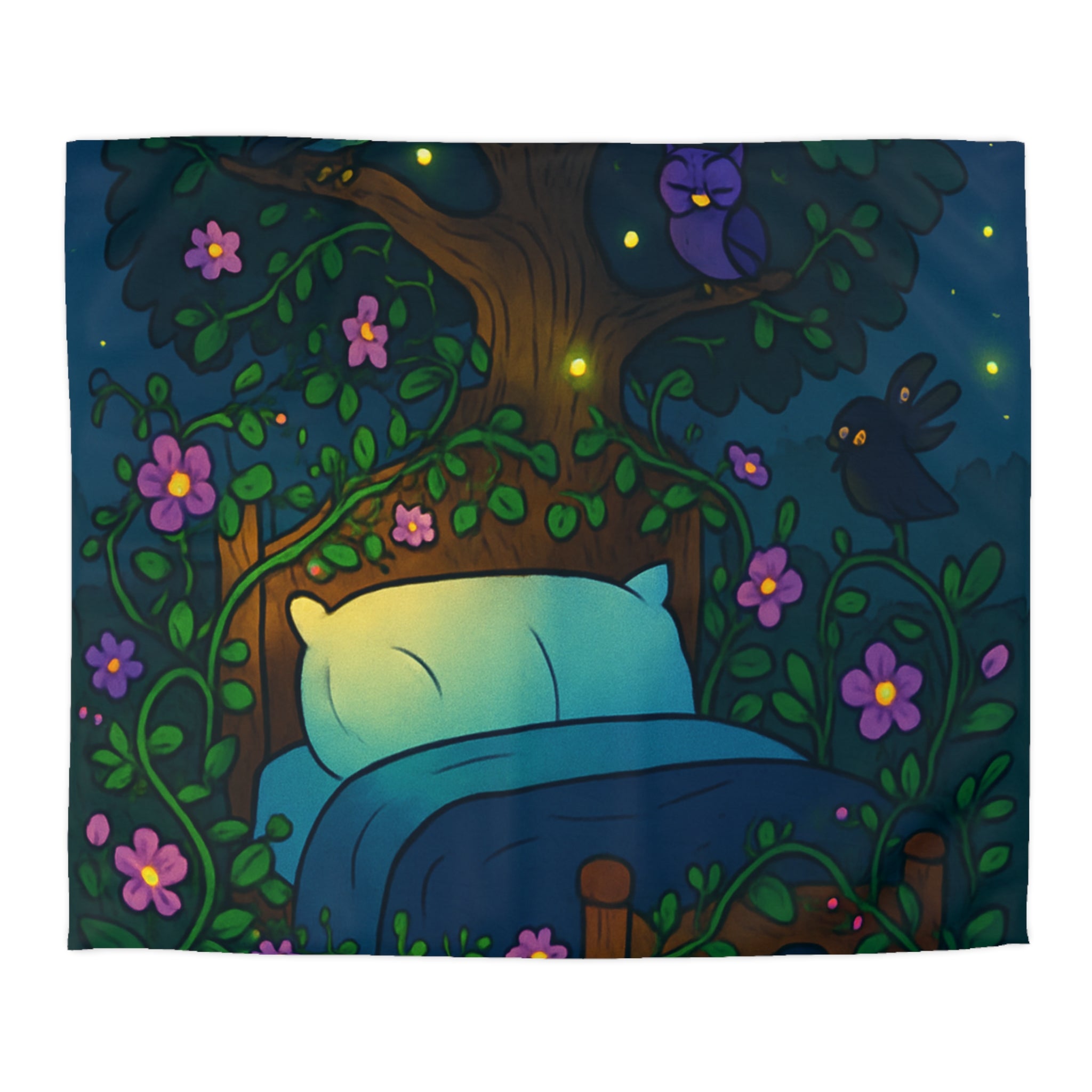 Rêve magique dans une forêt nocturne avec lit et cours d'eau enchanté