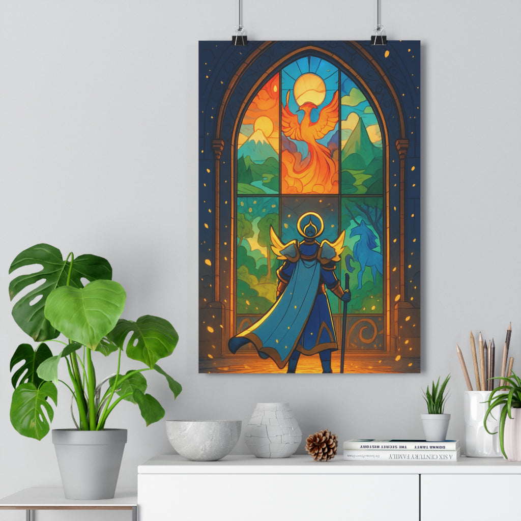 Poster décoratif cartoon féerique bleu orange magique chambre enfant fantastique personnage vitrail montagne licorne