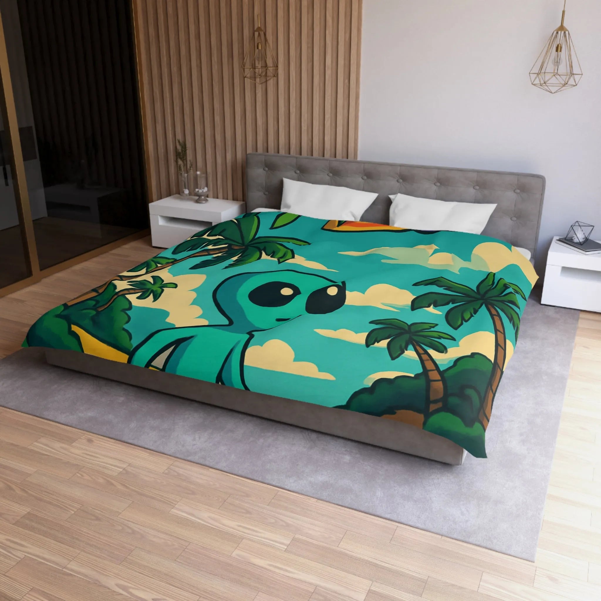 Housse de Couette Enfant Alien Plage Tropicale Planète Saturée Rêveur Ciel Imagination