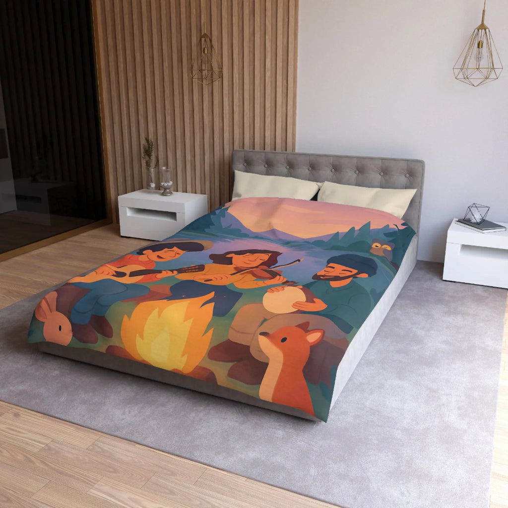 Housse de Couette avec Musiciens et Animaux Près du Feu de Camp au Crépuscule