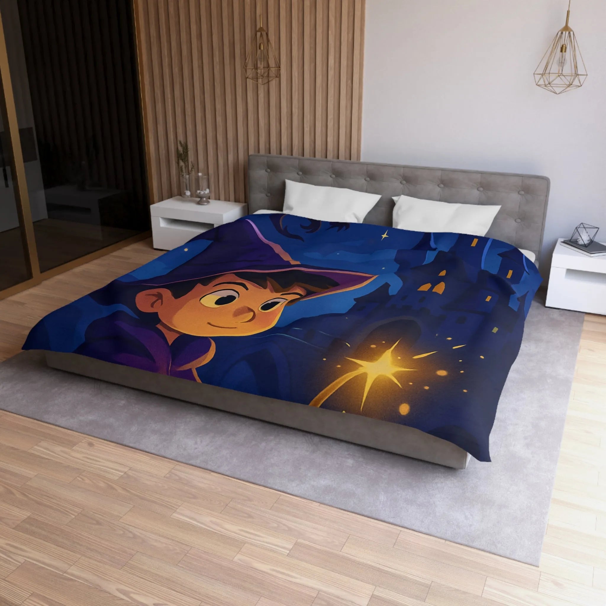 Housse de couette magique pour enfant avec jeune sorcier et château enchanté