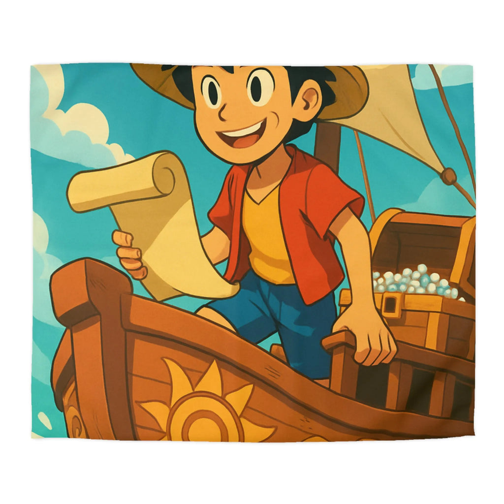 Douce housse de couette enfant motif pirate joyeux en bateau sur vagues bleues