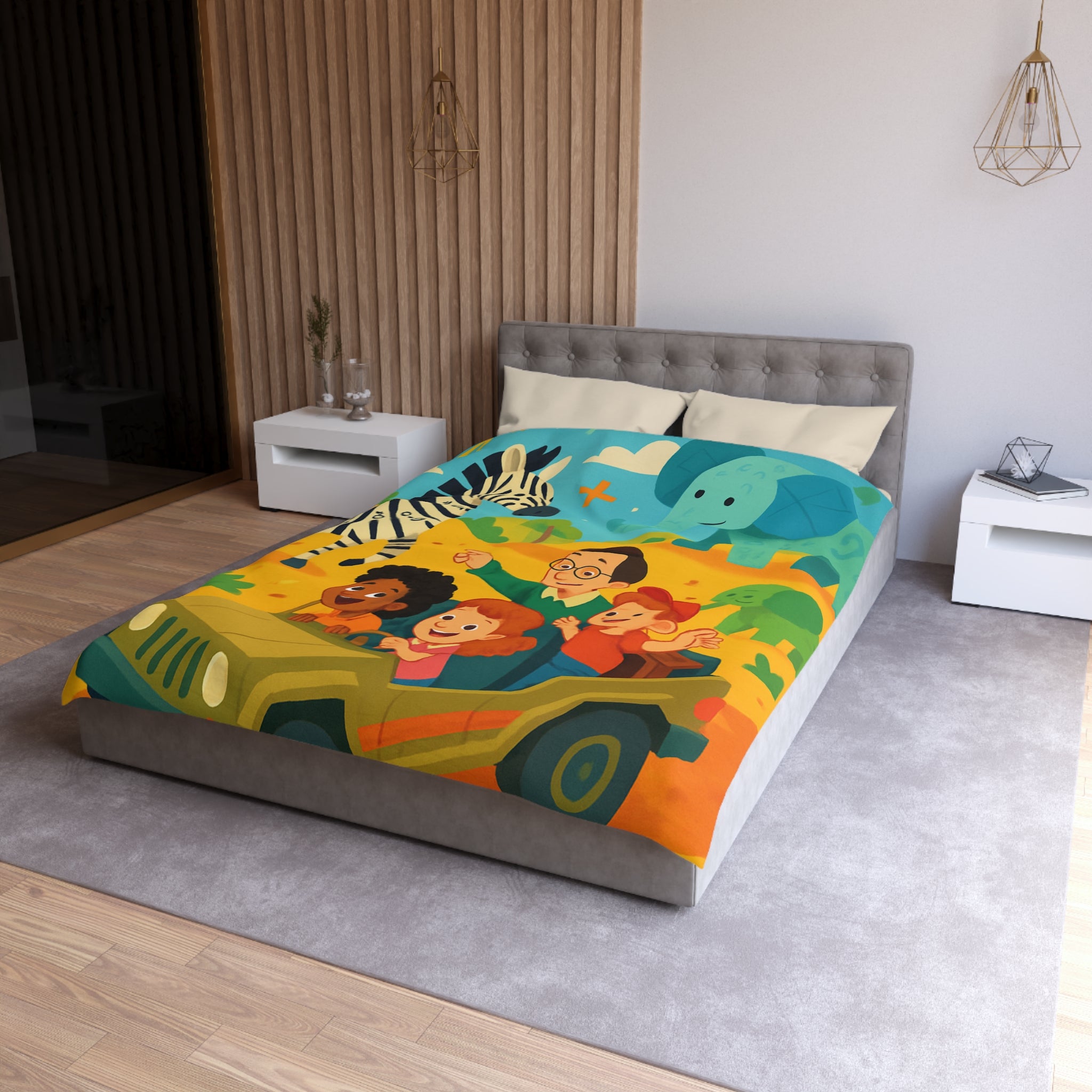 Housse de Couette Safari Éducatif avec Animaux Colorés et Enfants en Aventure