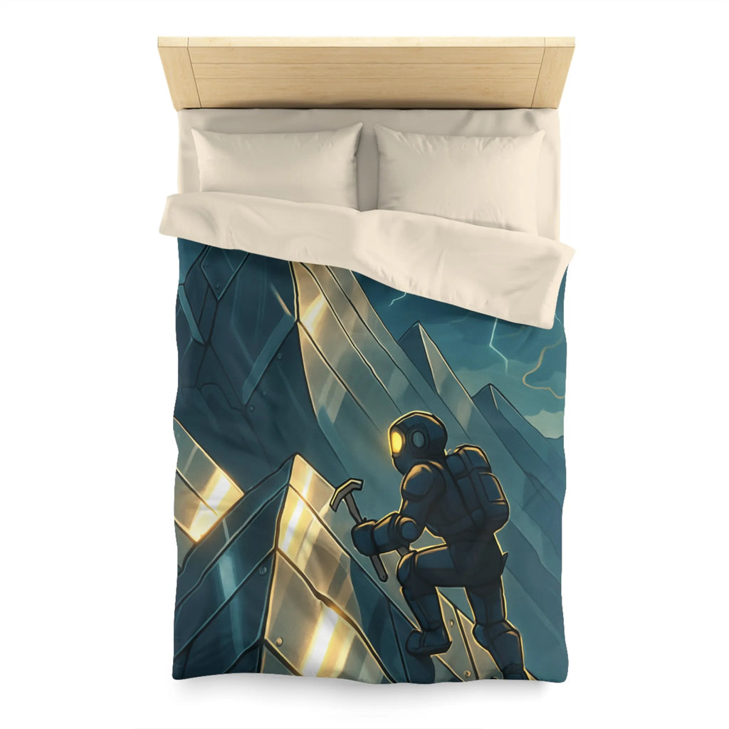 Housse de couette futuriste avec alpiniste et montagnes sous orage électrique