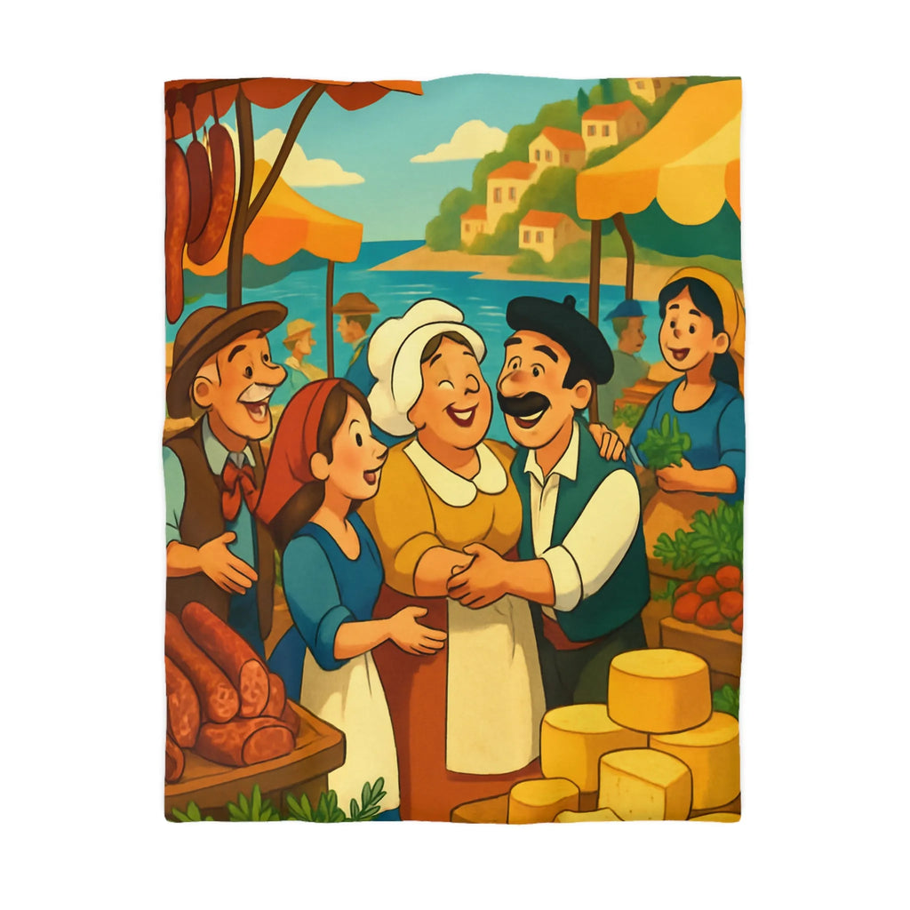 Housse de couette ambiance marché méditerranéen avec village en bord de mer