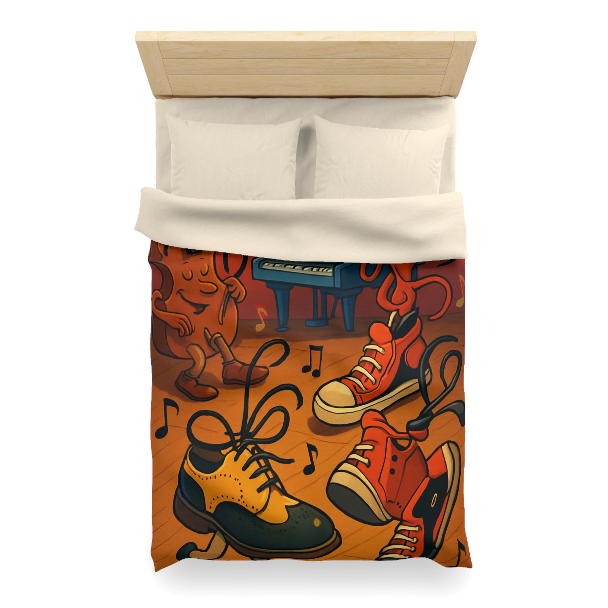 Housse de couette originale et colorée avec des instruments et chaussures dansantes dessin animé