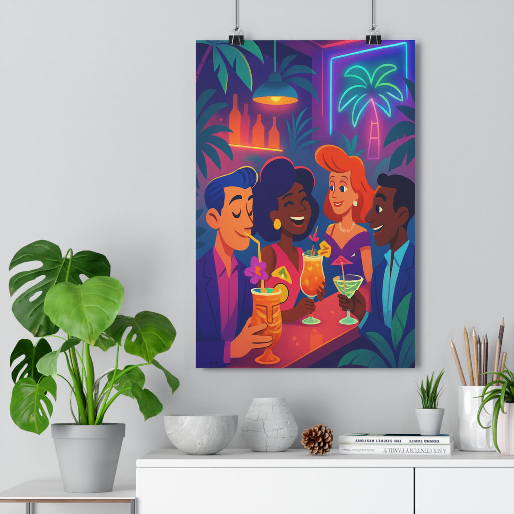 Poster décoratif cartoon tropical bleu violet orange salon chambre joyeux exotique ambiance néons palmiers