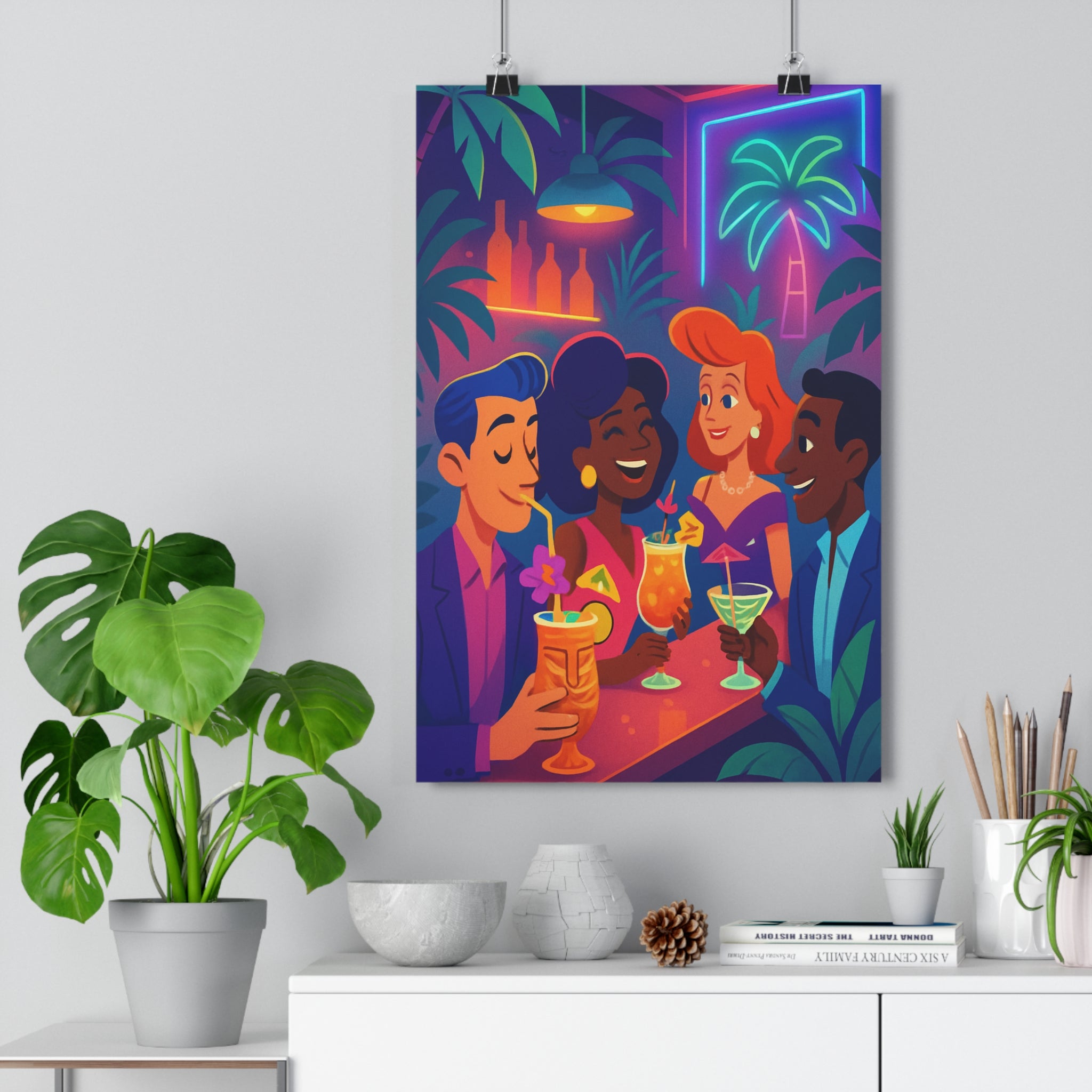 Poster décoratif cartoon tropical bleu violet orange salon chambre joyeux exotique ambiance néons palmiers