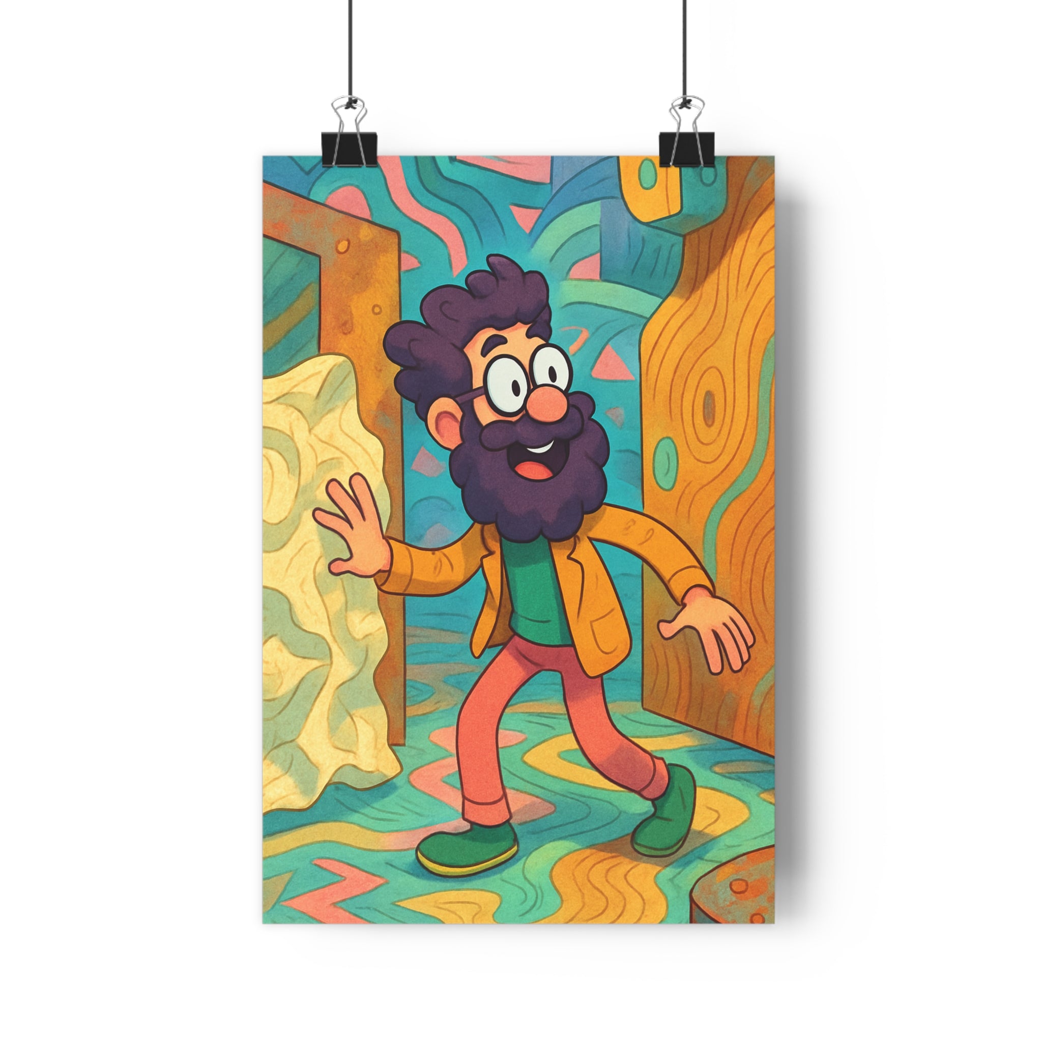 Poster décoratif cartoon bleu jaune rose joyeux salon chambre enfant design vibrant créatif immersif