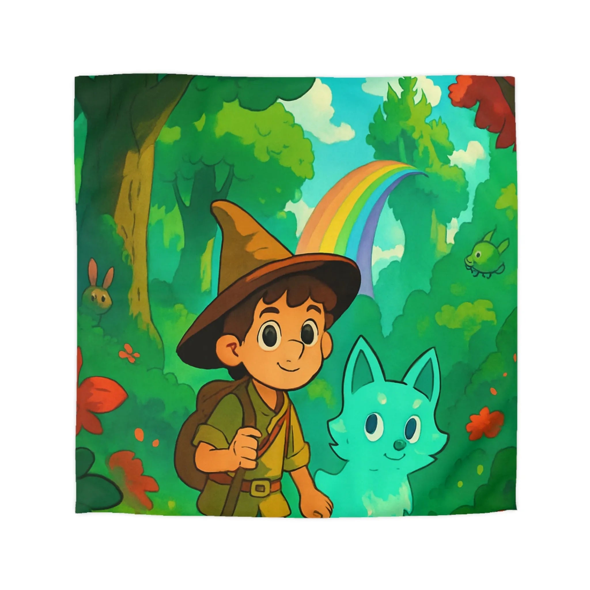 Housse de Couette Enfant avec Petit Sorcier et Animal Magique sous Arc-en-ciel