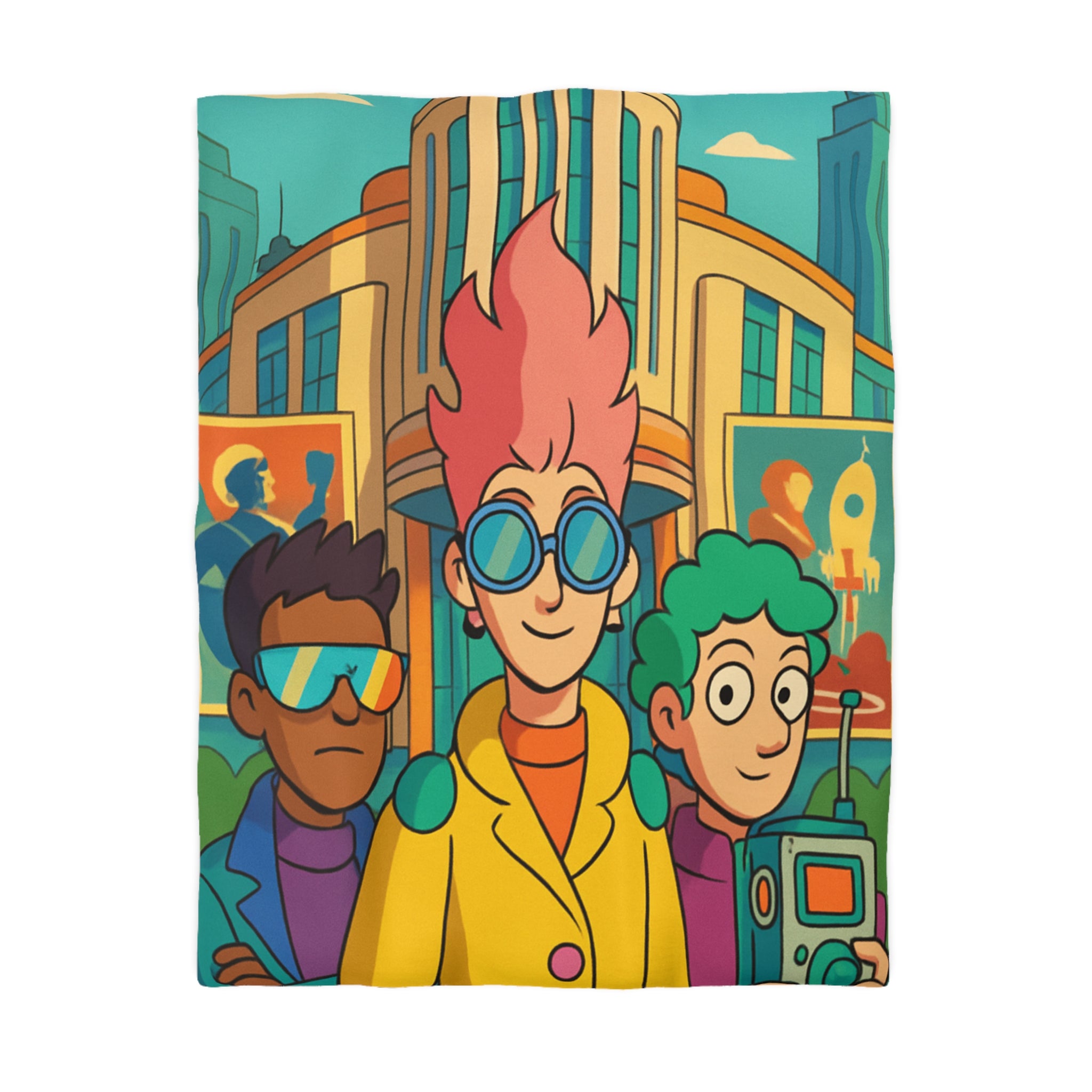 Housse de couette rétro futuriste colorée avec personnages et architecture urbaine stylisée