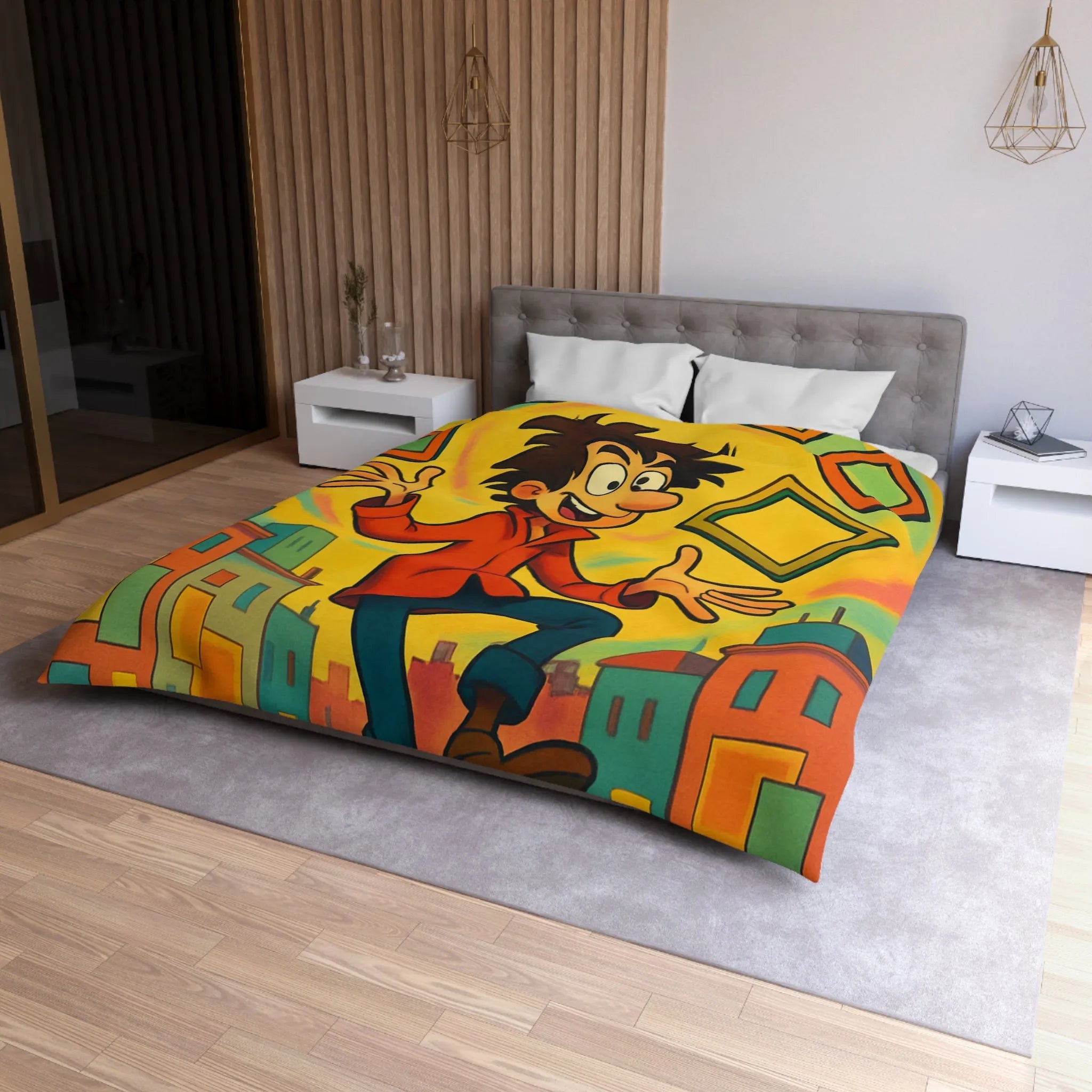 Housse de Couette Dynamique avec Illustration d'Énergie Vibrante et Cadres Géométriques Colorés