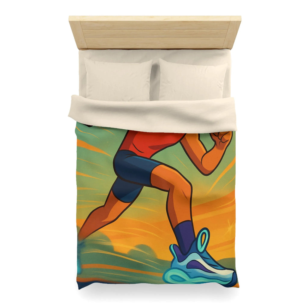 Housse de couette dynamique coureur stylisé accélérant sur fond d’énergie vibrante