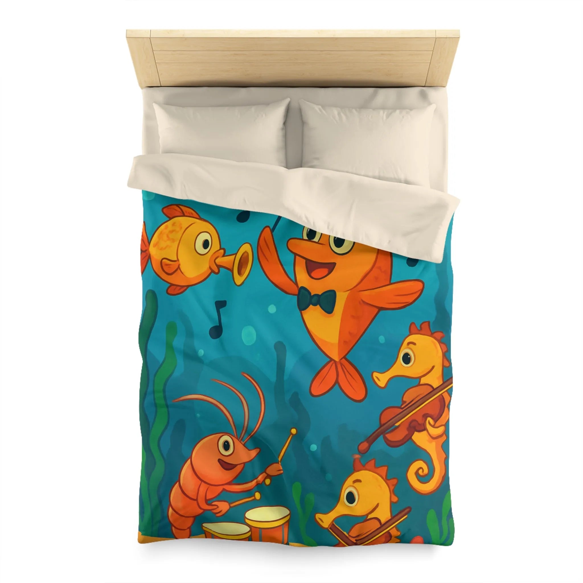 Housse de couette ludique pour enfants avec orchestre sous-marin de poissons et hippocampes