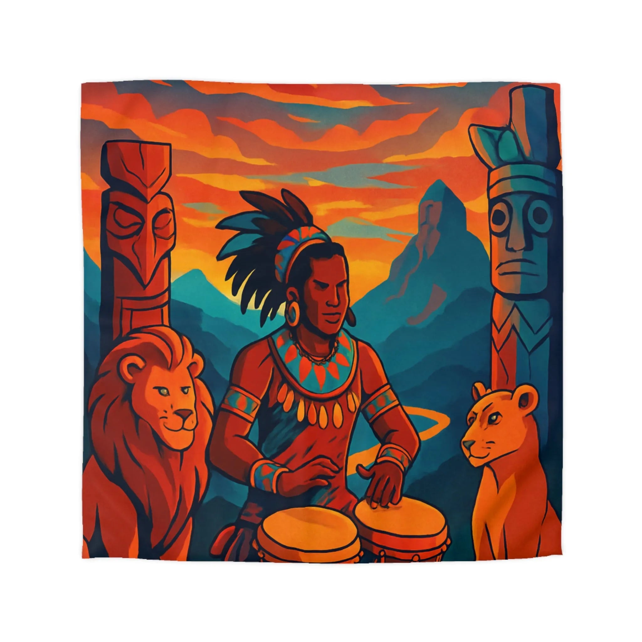 Housse de couette exotique avec musicien, tambours et totems en ambiance chaleureuse