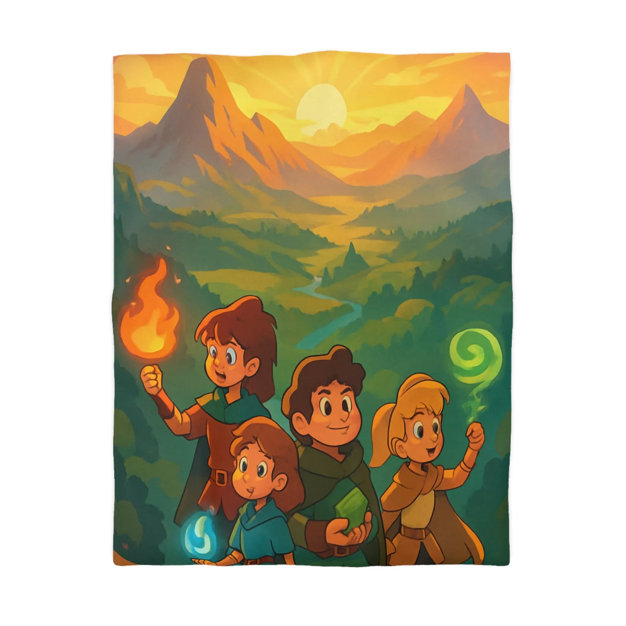 Housse de couette enfants aventure magique montagne nature coucher de soleil fantastique coloré