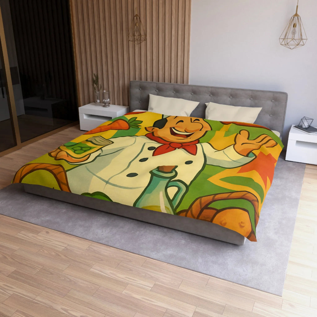 Housse de Couette Illustrée de Chef Heureux avec légumes et Pizza Méditerranéenne Colorée