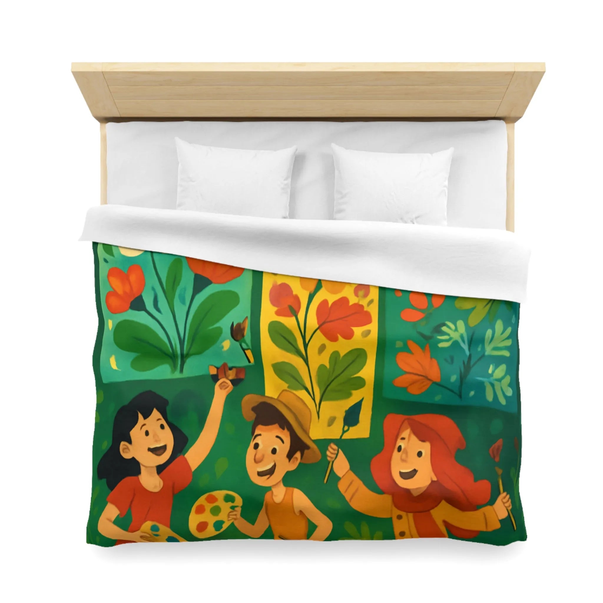 Housse de couette colorée avec design floral et personnages ludiques pour chambre joyeuse