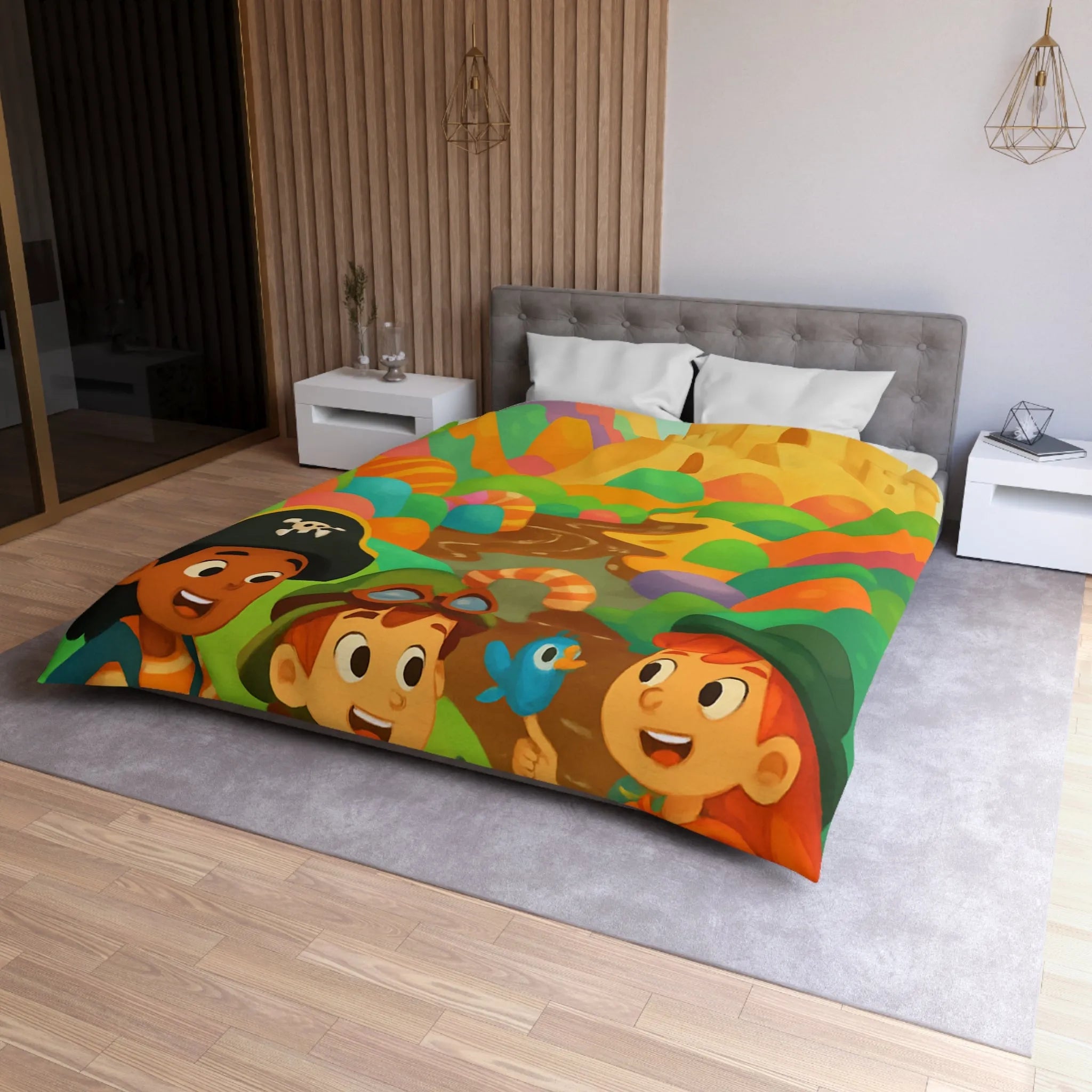 Housse de couette ludique pour enfants avec château et aventuriers aux couleurs vives