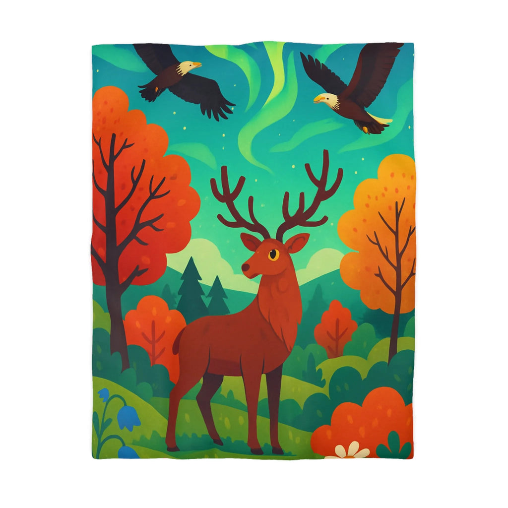 Housse de Couette Illustrée : Cerf Enchanté et Aurore Boréale dans Forêt Féérique