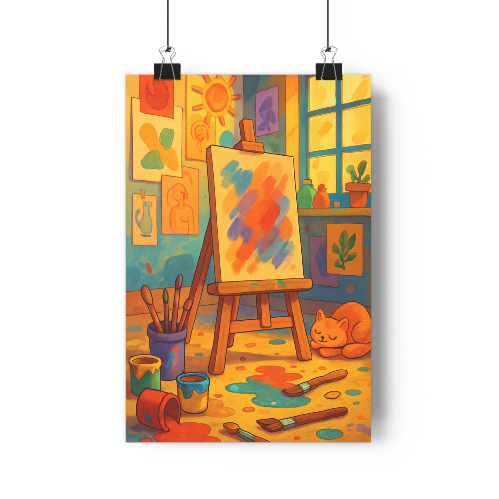 Poster décoratif cartoon vibrant orange bleu salon chambre enfant joyeux artiste atelier chevalet toile