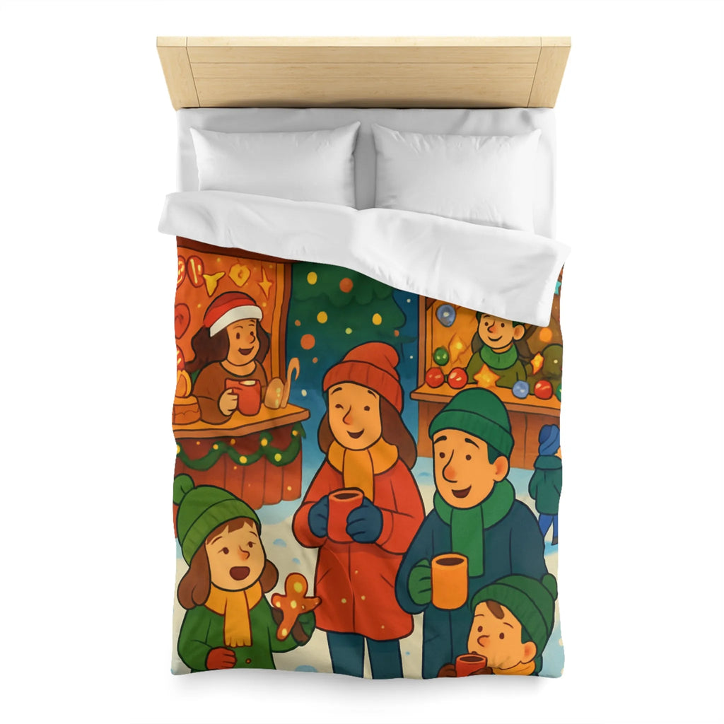 Housse de couette chaleureuse illustrant une scène festive de marché de Noël joyeux