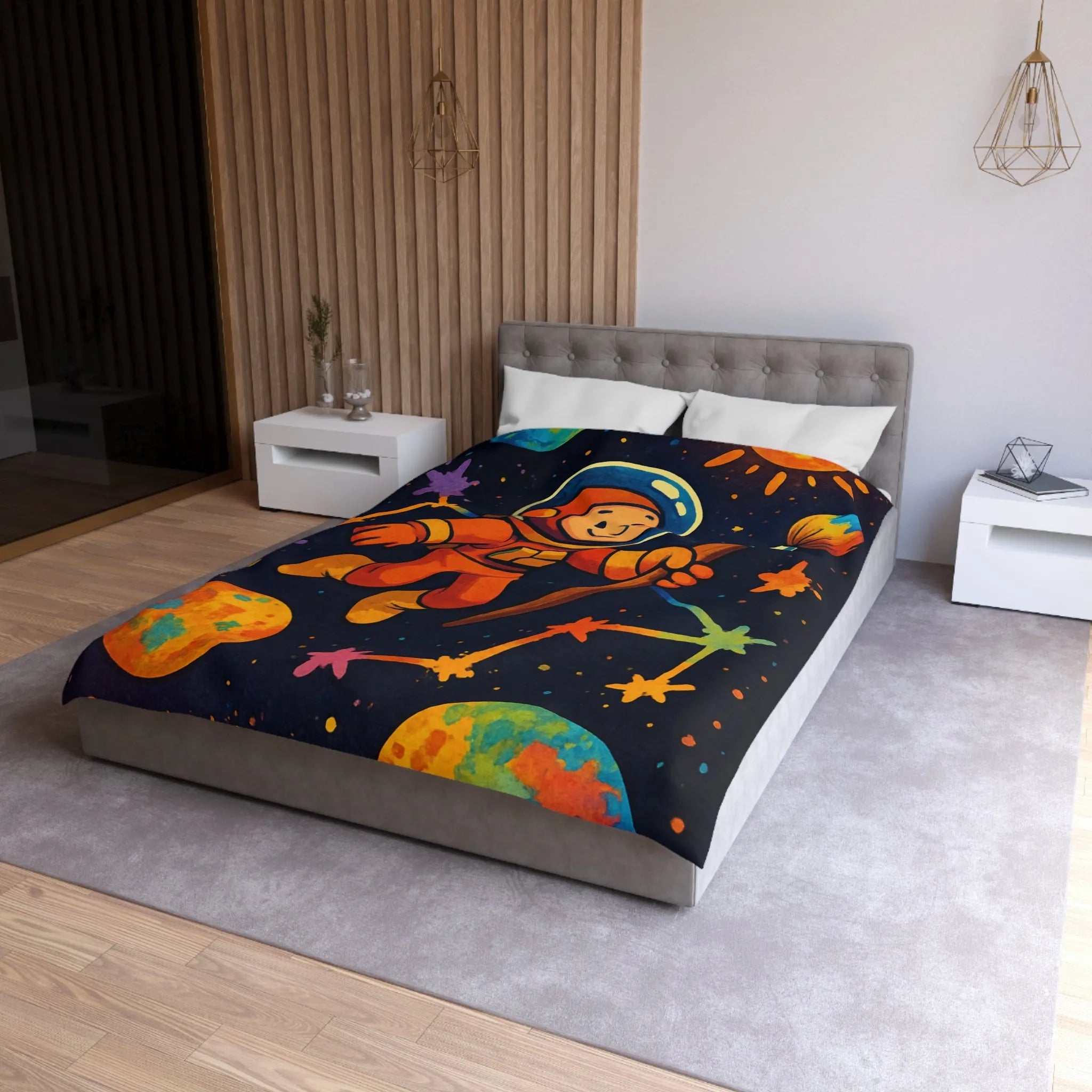 Housse de couette enfant : astronaute, peintre de l'univers, planètes colorées et célestes étoiles