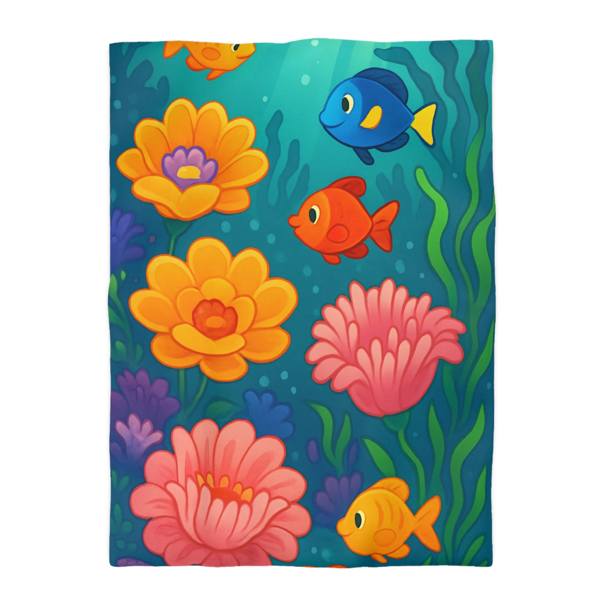 Housse de couette poissons tropicaux multicolores avec fleurs coralliennes pour chambre enfant