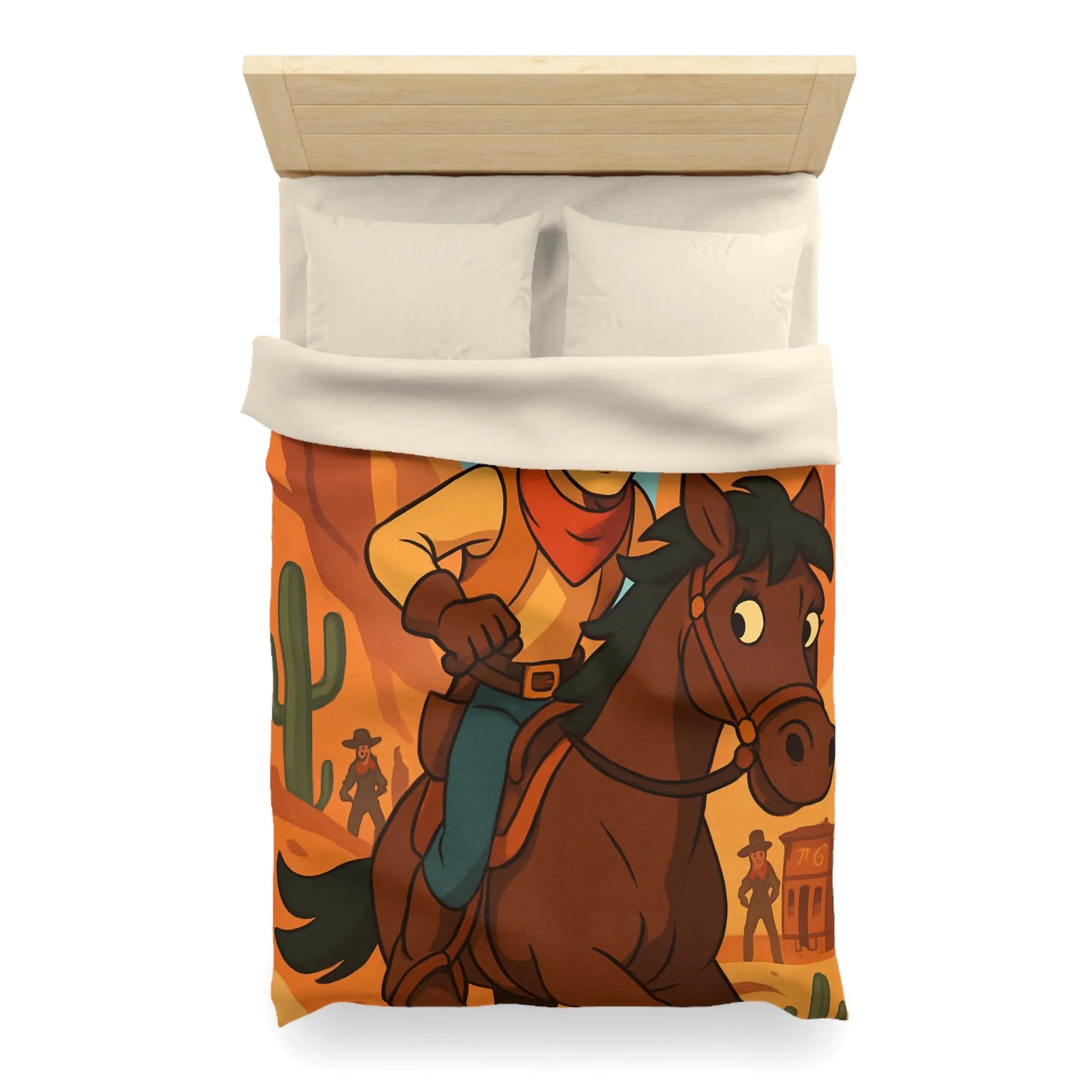 Housse de couette avec cavalier de dessin animé dans paysage désertique occidental
