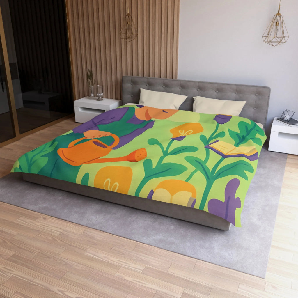 Housse de couette colorée avec jardinier arrosant plantes livres et ampoules