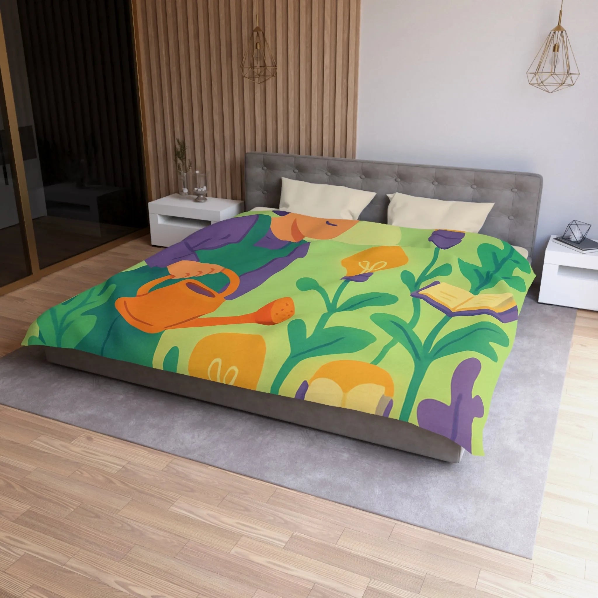 Housse de couette colorée avec jardinier arrosant plantes livres et ampoules