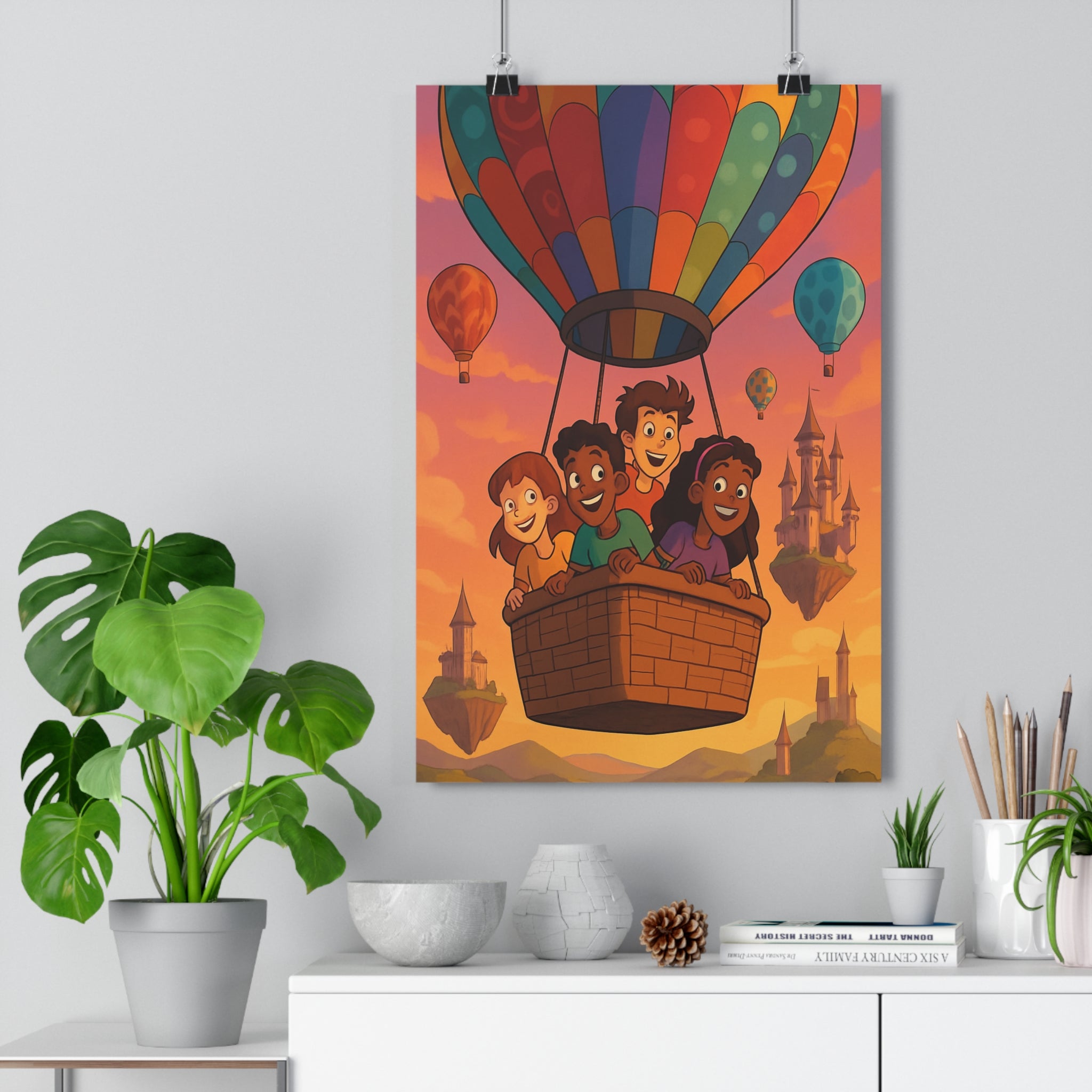 Poster décoratif enfant couleur pastel fantastique aventure chambre montgolfière magique rêveuse joyeuse 30x46 cm