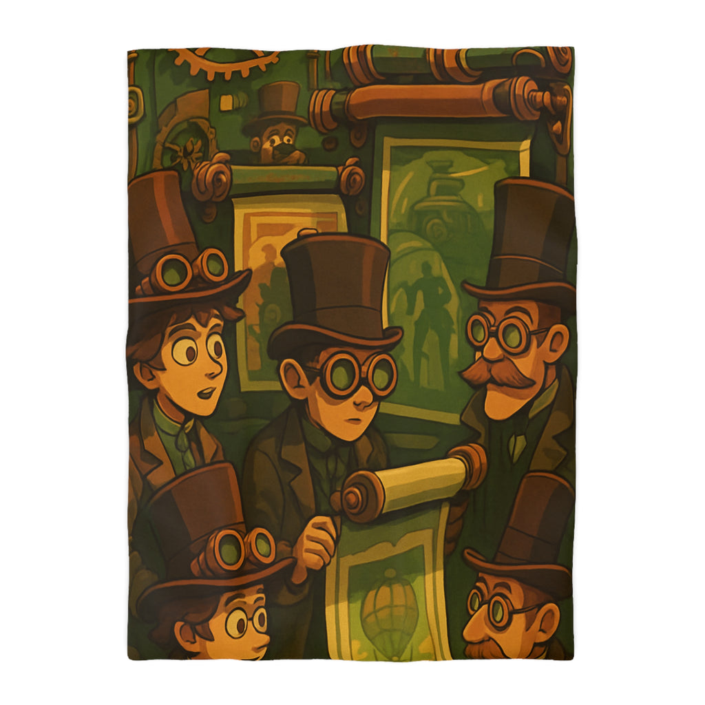 Housse de couette steampunk rétro vintage, illustration de gentlemen en chapeaux et engrenages