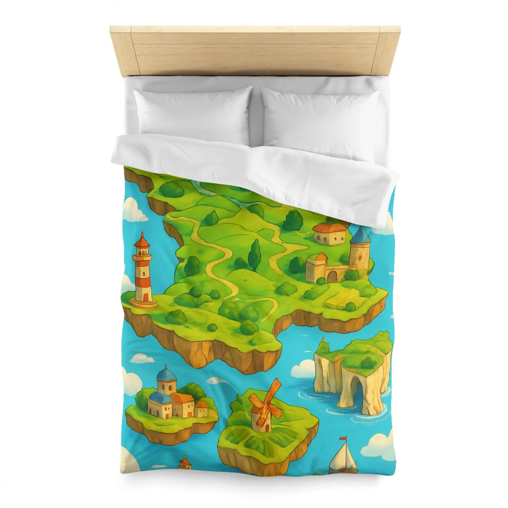 Housse de Couette Fantaisie Île Flottante Paysage Coloré Mer Moulins et Phare
